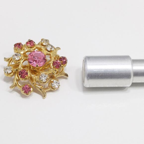 Coro Pink Rhinestone Brooch, Gold Plated Scatter Pin, 1940s Vintage Jewelry - Picture 9 of 10